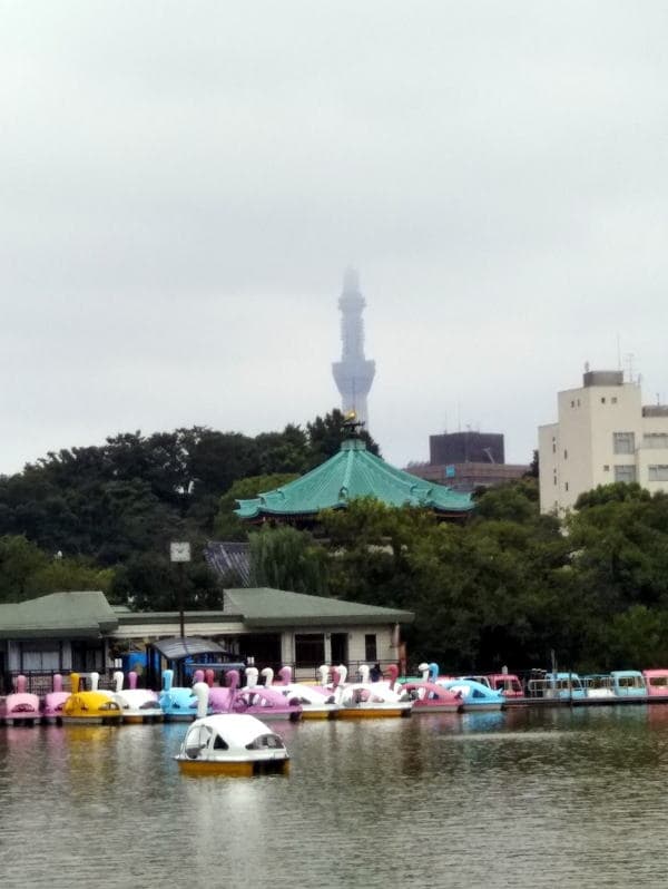 不忍池辯天堂と雲に隠れる東京スカイツリー