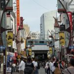 上野アメ横通りとJR高架線を背景に歩く人々