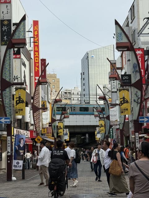 上野アメ横通りとJR高架線を背景に歩く人々