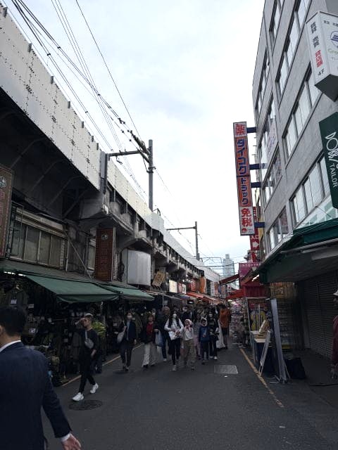 JR高架下のアメ横通り。人通りがあり観光客が歩いている様子。
