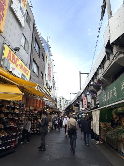 アメ横商店街の様子。ABCマートや青果店などの店が並ぶ通りを歩く人々。