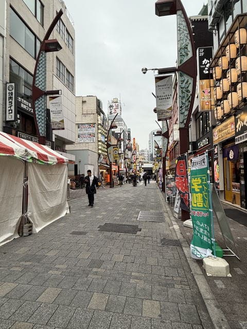 上野アメ横の通り。曇り空の下で人通りが少ない金曜日の午後