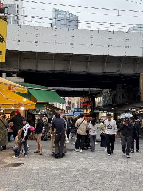 御徒町駅ガード下のアメ横。傘を持つ人や買い物客が集まる様子