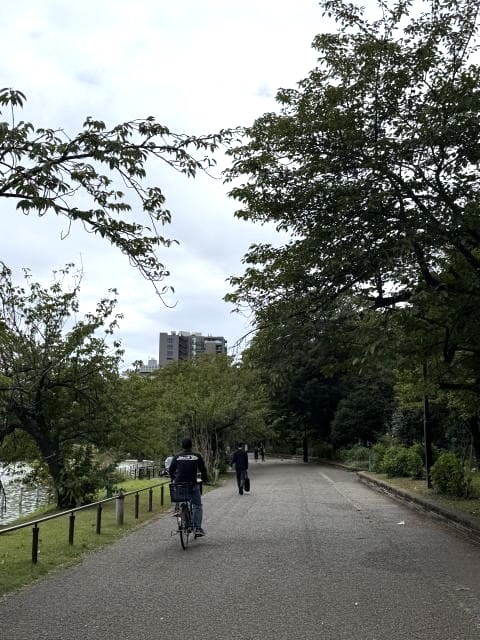 不忍池沿いの遊歩道を歩く人や自転車に乗る人の様子
