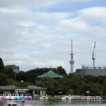 不忍池とスカイツリーの見える秋空の風景
