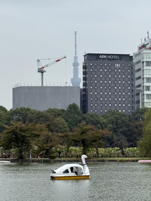 不忍池から見えるスカイツリーと建設中のビル。手前にはスワンボートが浮かぶ