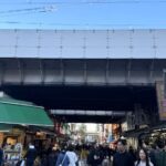 文化の日の上野アメ横 高架下を歩く人々と青空