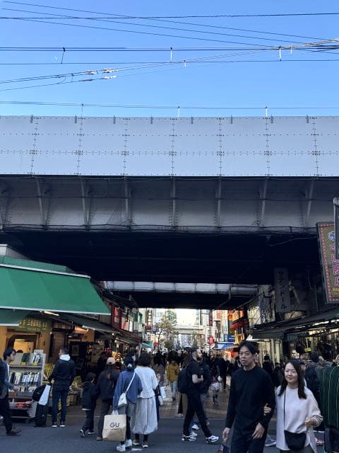文化の日の上野アメ横 高架下を歩く人々と青空
