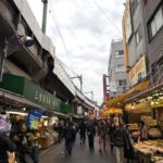 上野アメ横の線路沿い通り、曇り空で落ち着いた人の流れ