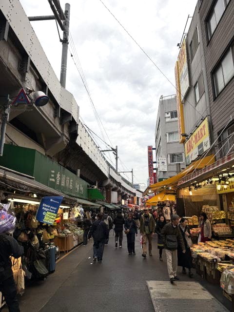 線路横のアメ横通り、曇り空と少ない人通りの様子