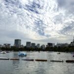 うろこ雲の下にスワンボートが点在する不忍池の広い眺め